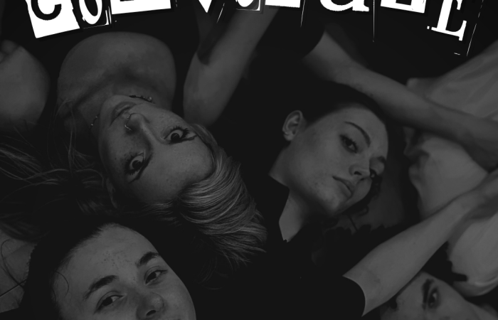 Poster for Convolute. Dancers lay on the floor with newspaper cuttings spelling Convolute above their heads.