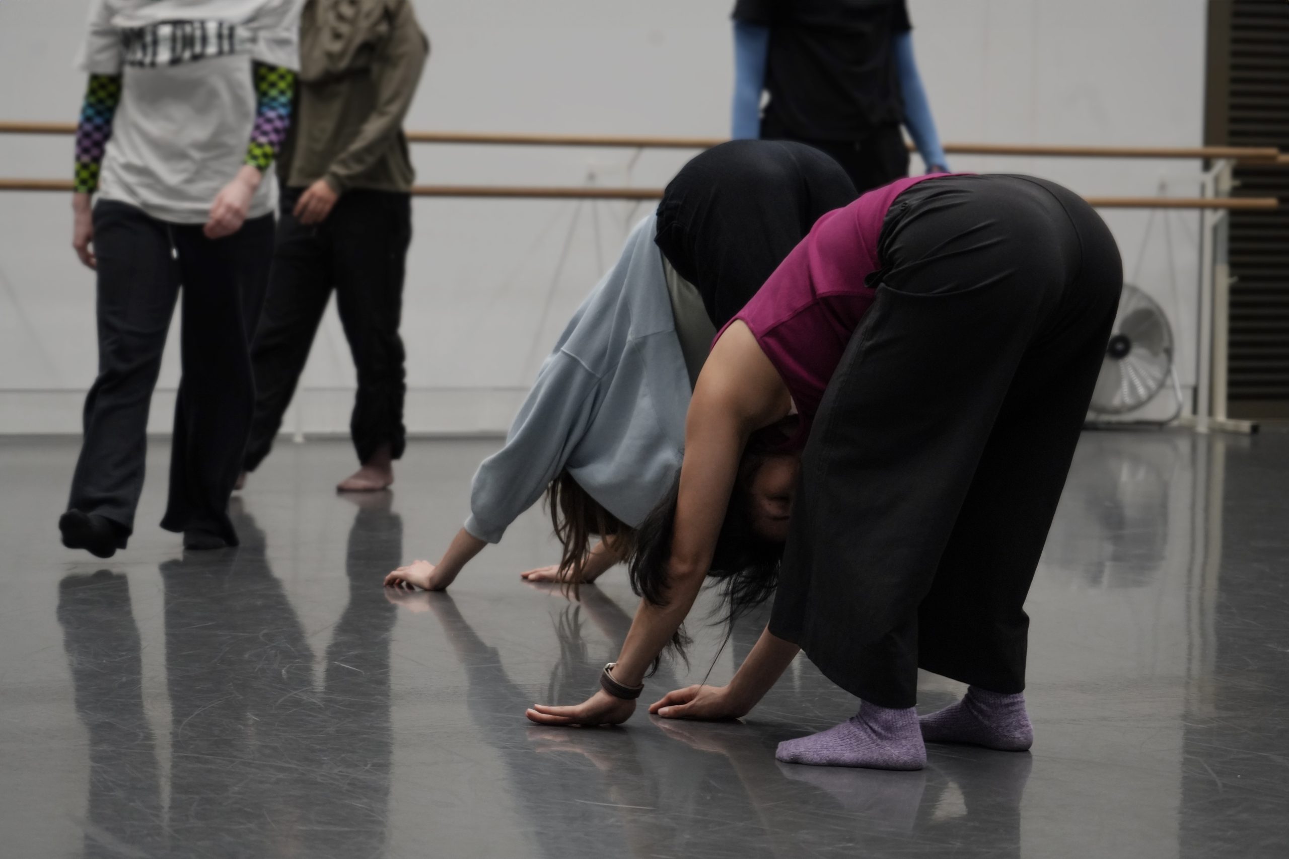 Dancers in a dance studio travel in a downward dog position, bearing weight in their arms.